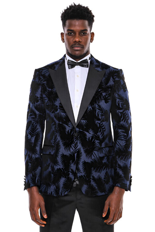Buy Midnight Blue Thread Embroidered Velvet Tuxedo Suit Online | Samyakk